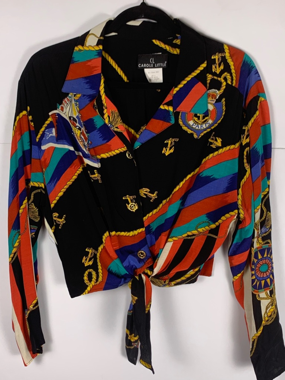 Women's Black Multi-Color Satin Button-Front Tie Blouse - Picture 6 of 15